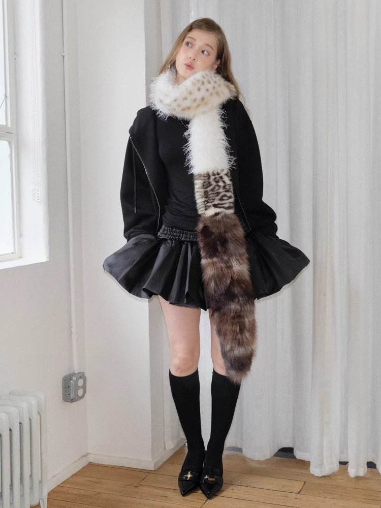 Patchwork Faux Fur Scarf Leopard Print Extra Long 96 Inch Y2K - WEUXS