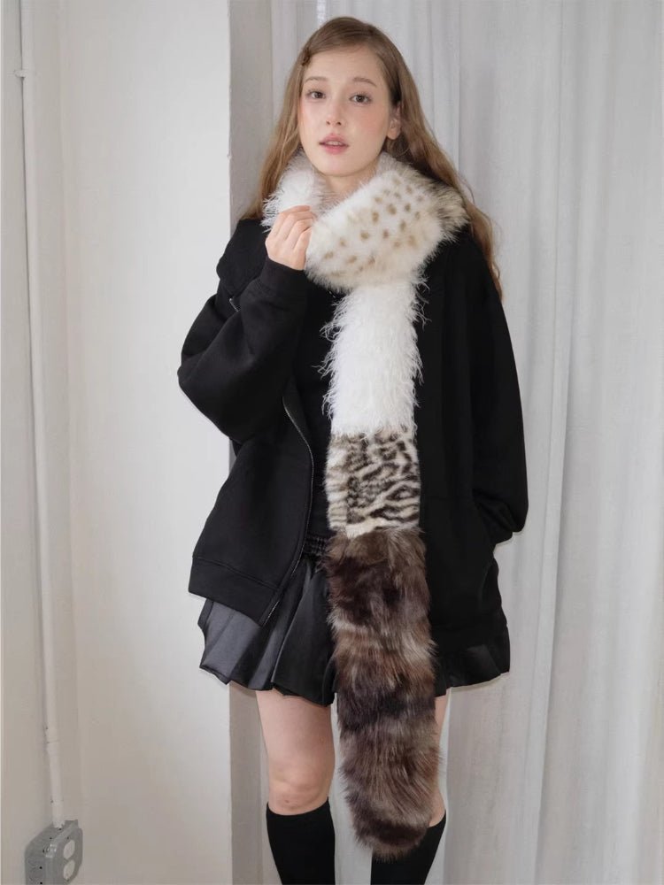 Patchwork Faux Fur Scarf Leopard Print Extra Long 96 Inch Y2K - WEUXS