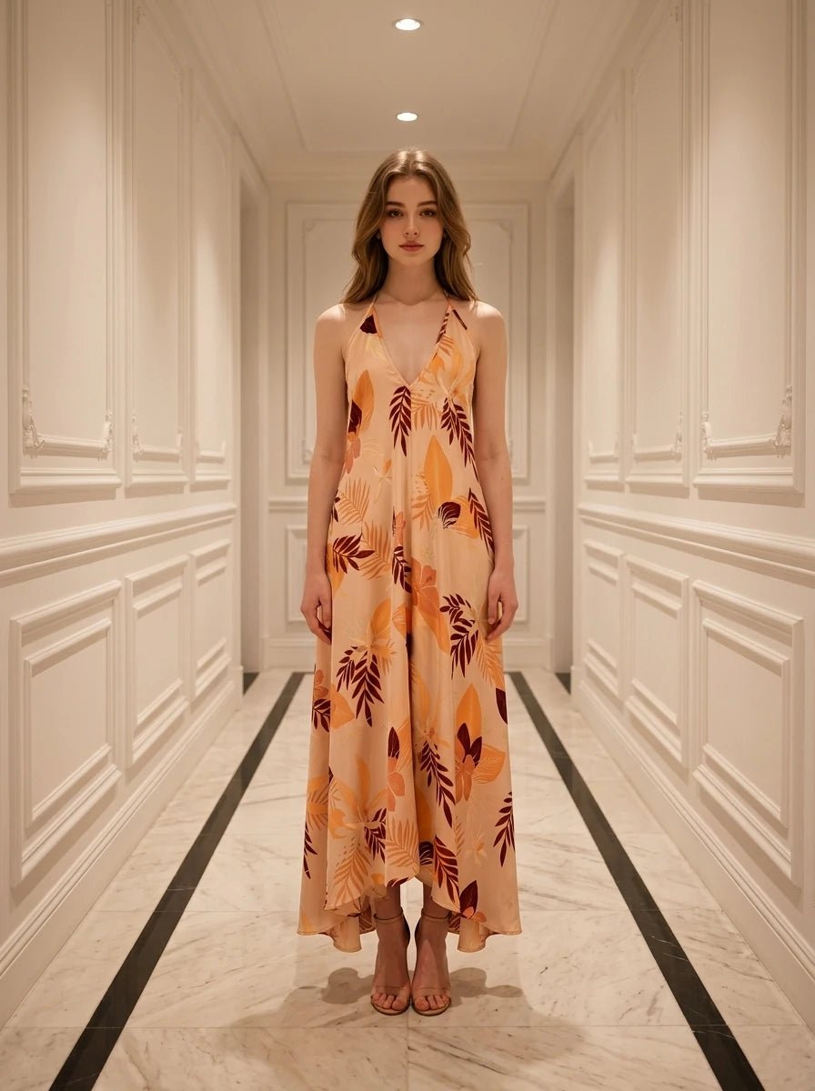 Peach Tropical Leaf Asymmetric V - Neck Midi Dress - WEUXS