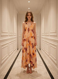 Peach Tropical Leaf Asymmetric V - Neck Midi Dress - WEUXS