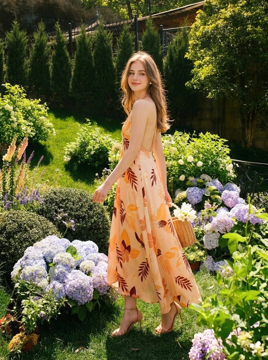 Woman walking in a garden wearing a peach maxi dress with a tropical leaf print.