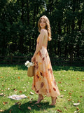 Peach Tropical Leaf Asymmetric V - Neck Midi Dress - WEUXS