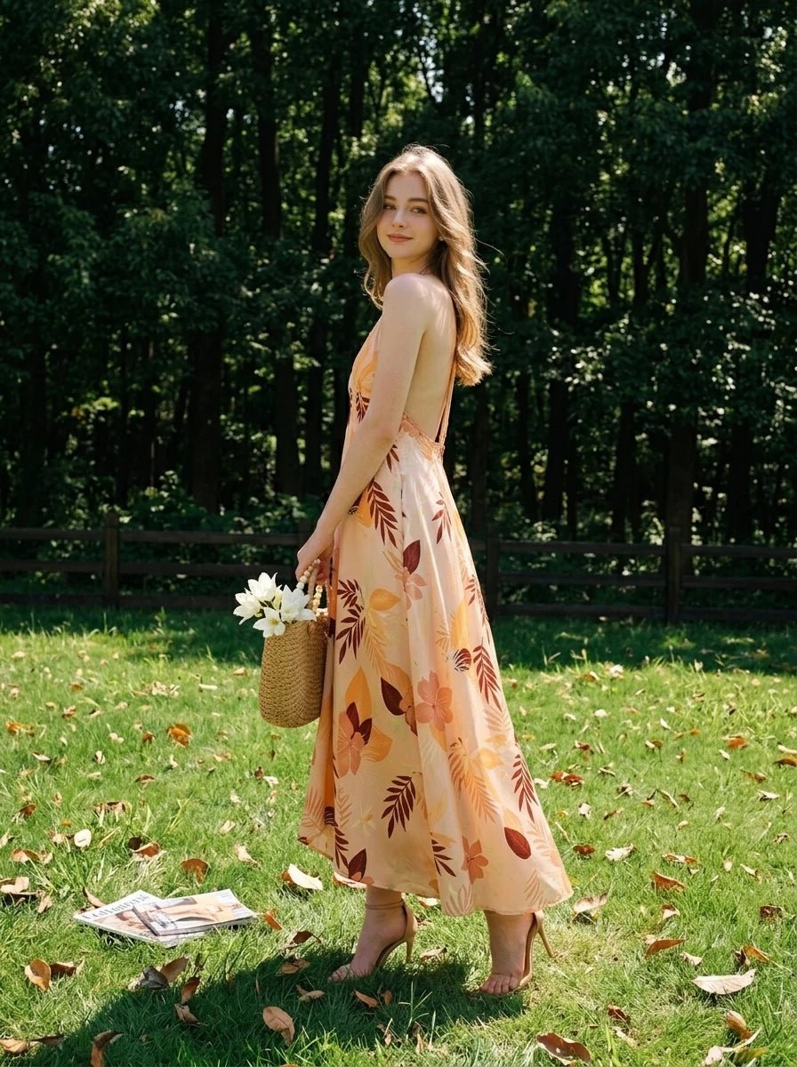 Peach Tropical Leaf Asymmetric V - Neck Midi Dress - WEUXS