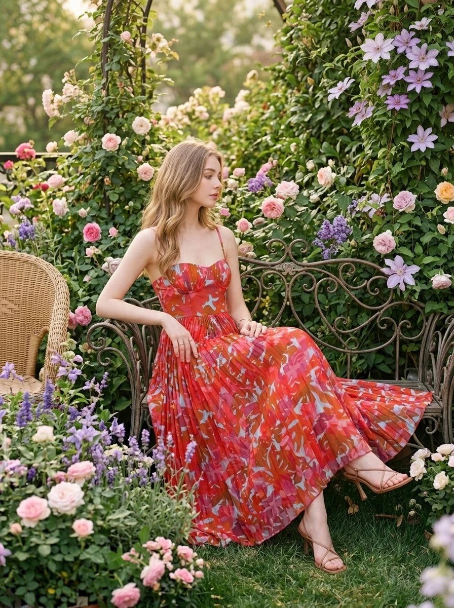 Woman sitting on a bench in a garden wearing a red floral print midi dress with pleats and cami straps.