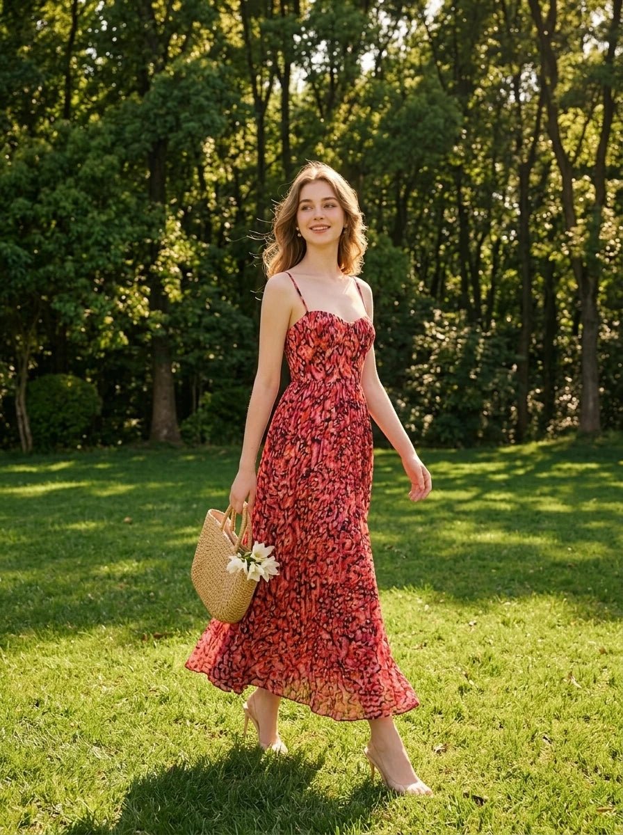 Woman wearing a red floral print maxi dress with spaghetti straps, holding a straw bag with flowers, walking in a grassy park.