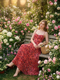 Woman wearing a red floral print maxi dress with spaghetti straps, sitting on a bench in a rose garden.