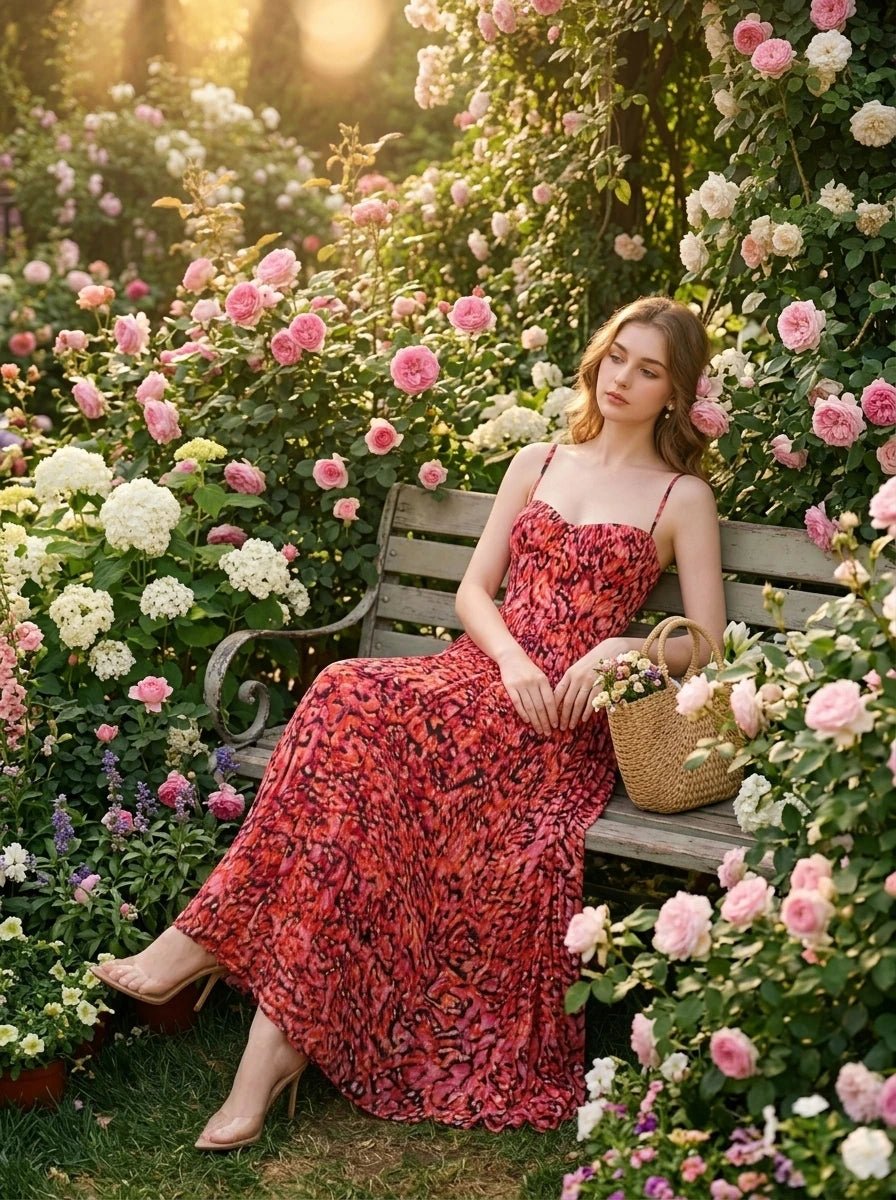 Woman wearing a red floral print maxi dress with spaghetti straps, sitting on a bench in a rose garden.