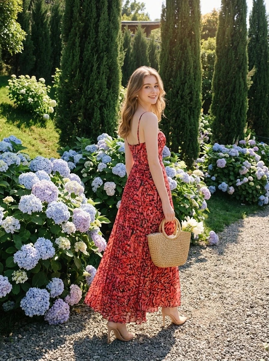 Woman wearing a red floral print maxi dress with spaghetti straps, holding a straw bag, walking in a garden with hydrangeas.