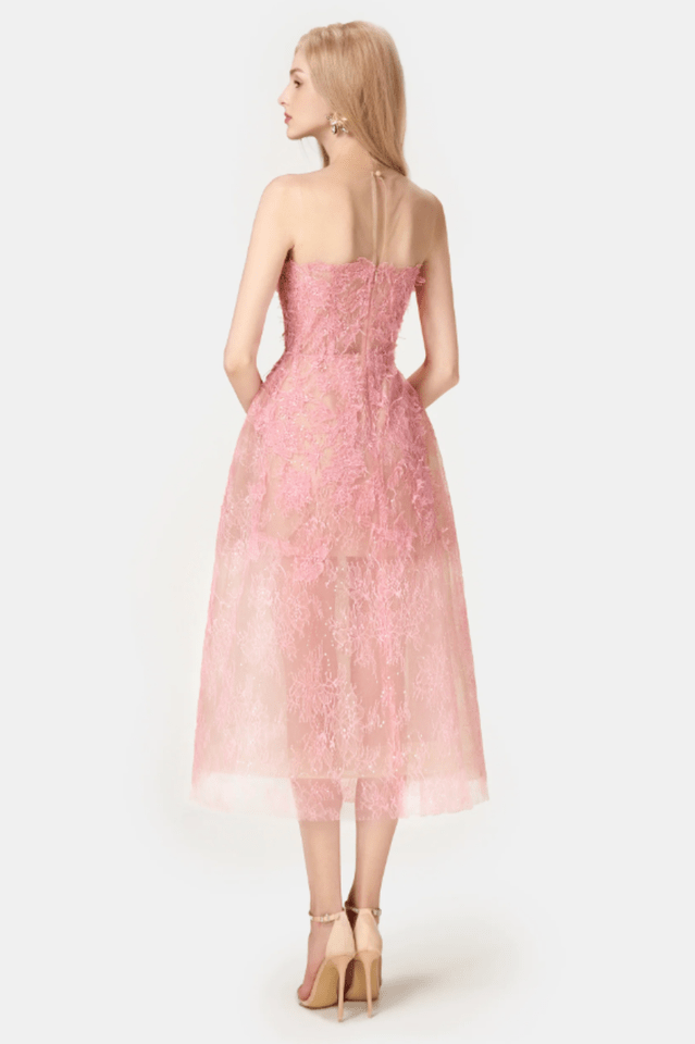 Pink Beaded Lace Dress - WEUXS