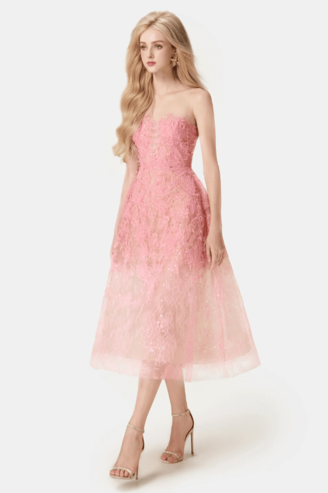 Pink Beaded Lace Dress - WEUXS