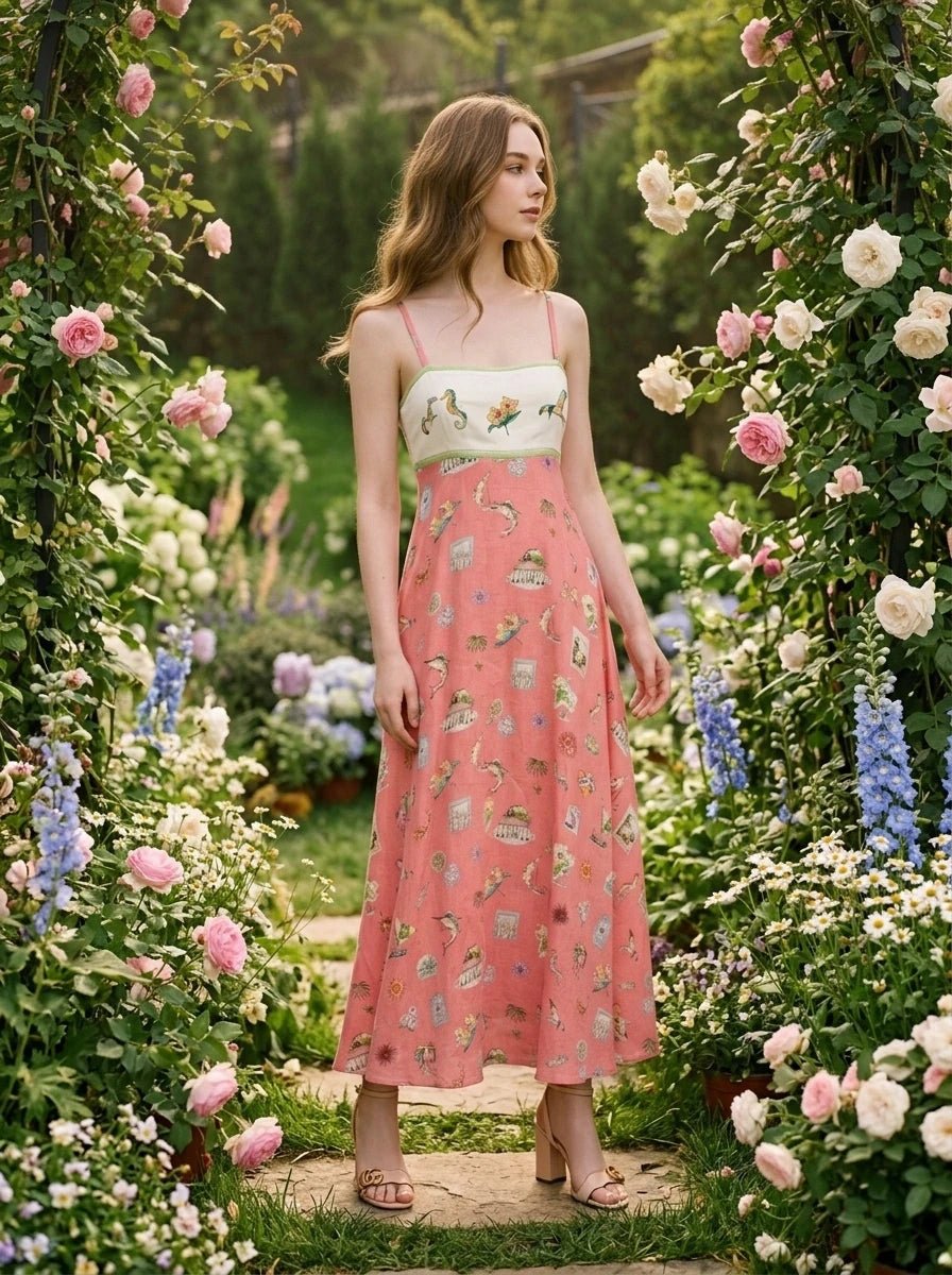 Woman wearing a coral midi dress with a patterned skirt and white bodice, standing in a garden with roses and hydrangeas.