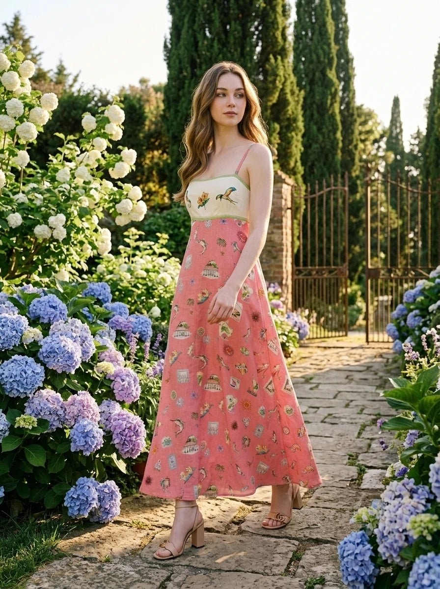 Woman wearing a coral midi dress with a patterned skirt and white bodice, walking on a garden path surrounded by flowers.