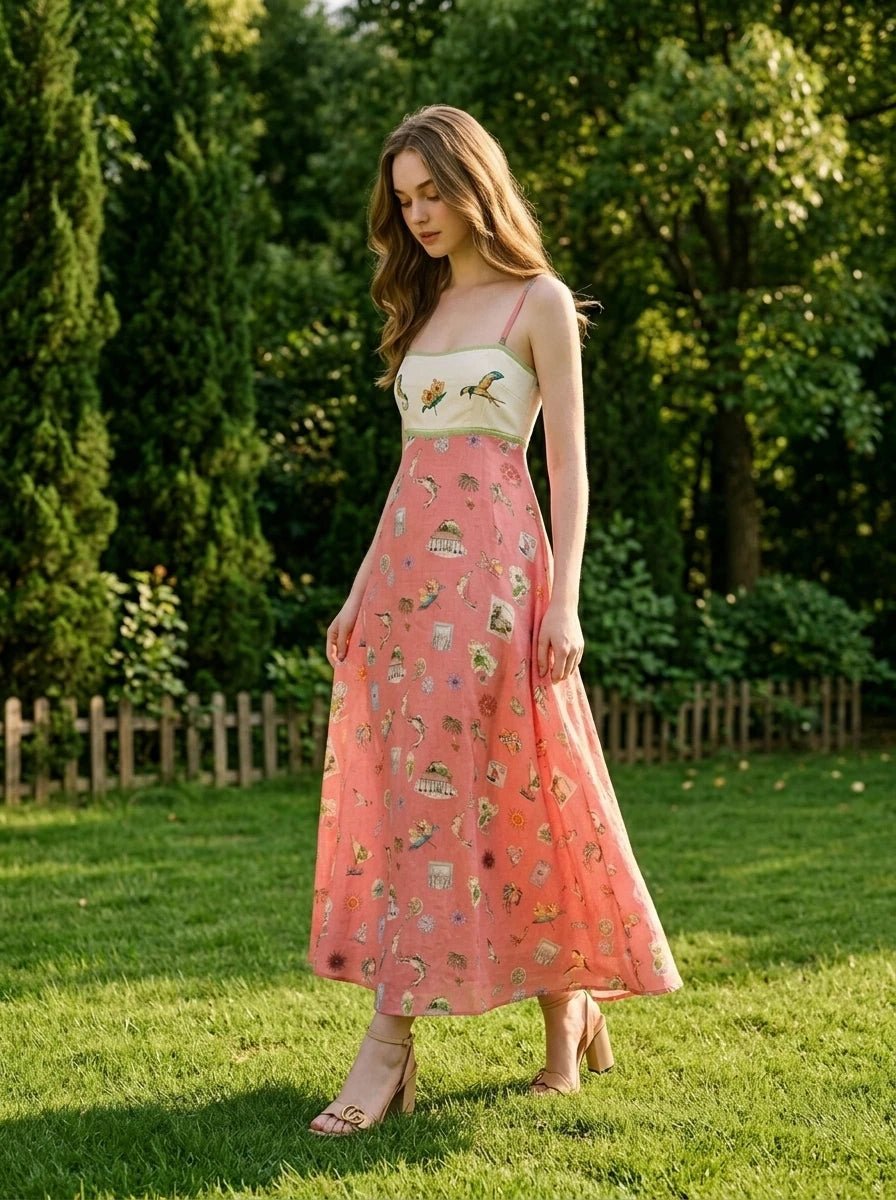 Woman wearing a coral midi dress with a patterned skirt and white bodice, walking in a grassy garden with trees.