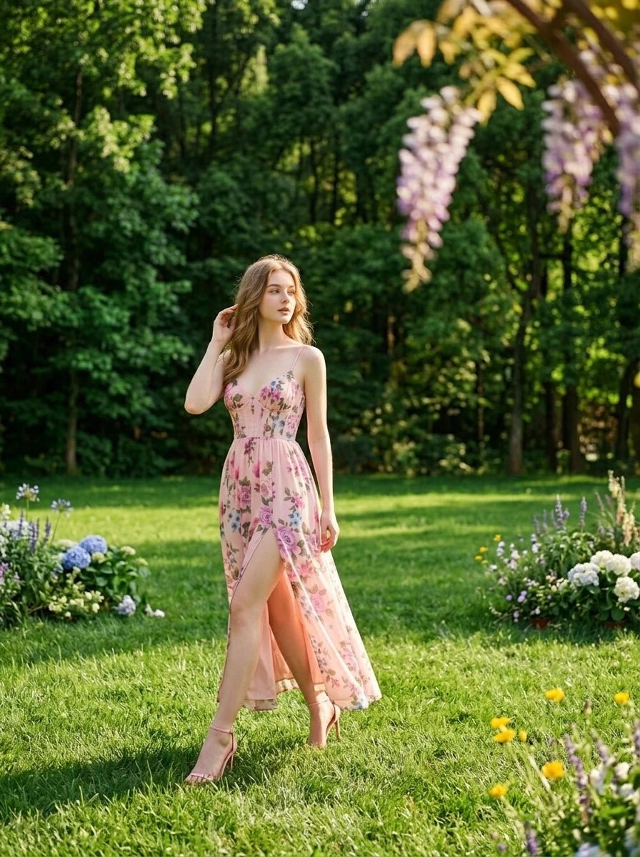 Woman looking away while wearing a pink floral print maxi dress with a thigh-high slit in a park.