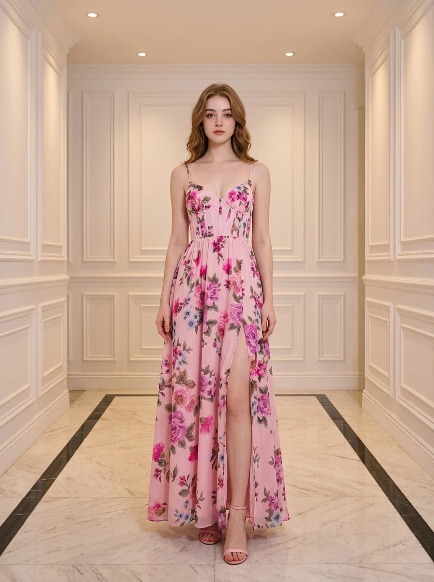 Woman wearing a pink floral print maxi dress with spaghetti straps and a thigh-high slit.