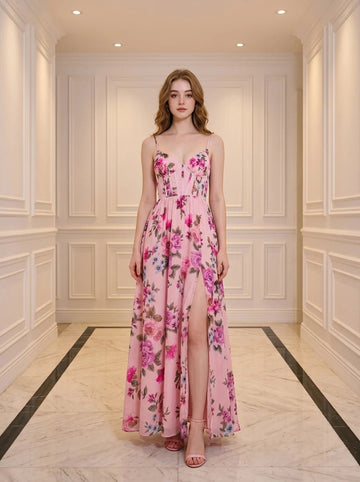 Woman wearing a pink floral print maxi dress with spaghetti straps and a thigh-high slit.