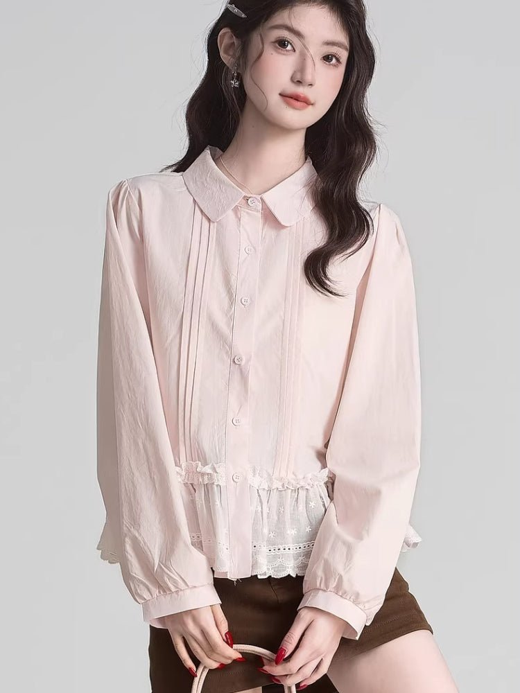 Light pink cotton blend blouse with Peter Pan collar and lace hem - View 6 | WEUXS