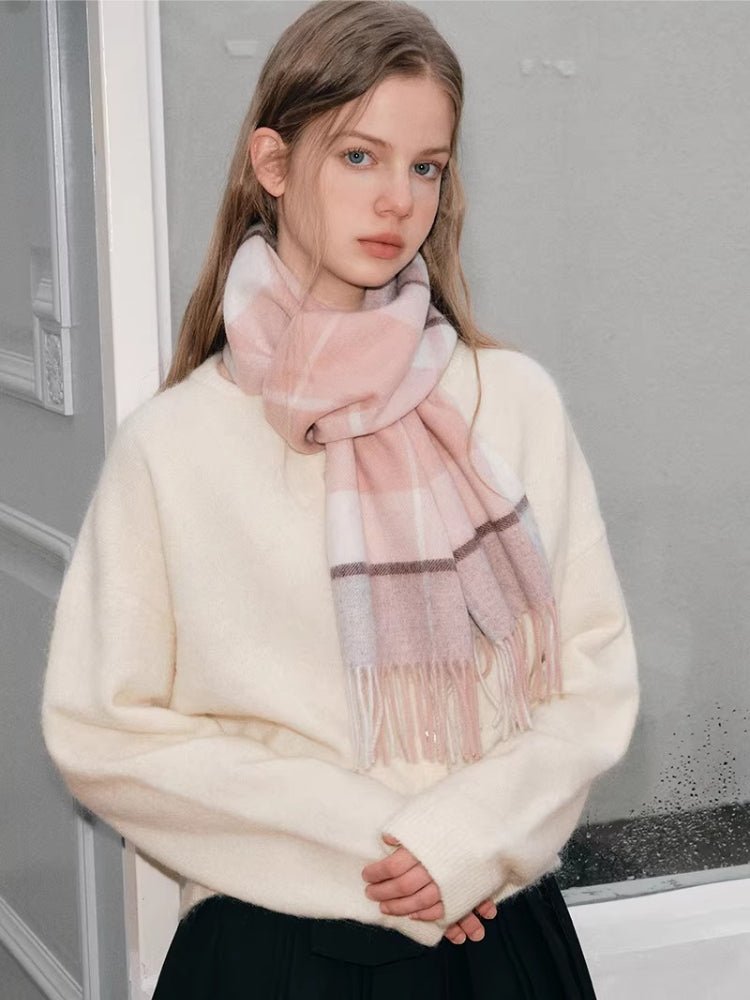 Pink Plaid 100% Lambswool Scarf with Fringe - WEUXS