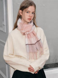 Pink Plaid 100% Lambswool Scarf with Fringe - WEUXS