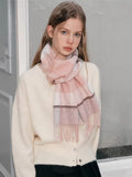 Pink Plaid 100% Lambswool Scarf with Fringe - WEUXS