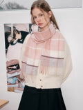 Pink Plaid 100% Lambswool Scarf with Fringe - WEUXS