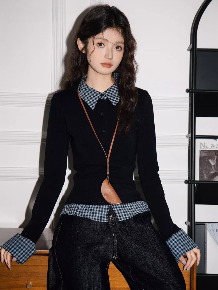 Plaid Collared Layered Look Long Sleeve Top Black - WEUXS
