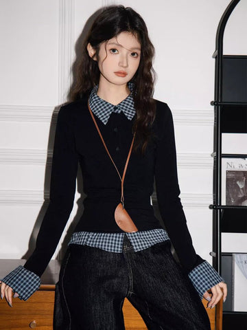 Plaid Collared Layered Look Long Sleeve Top Black - WEUXS