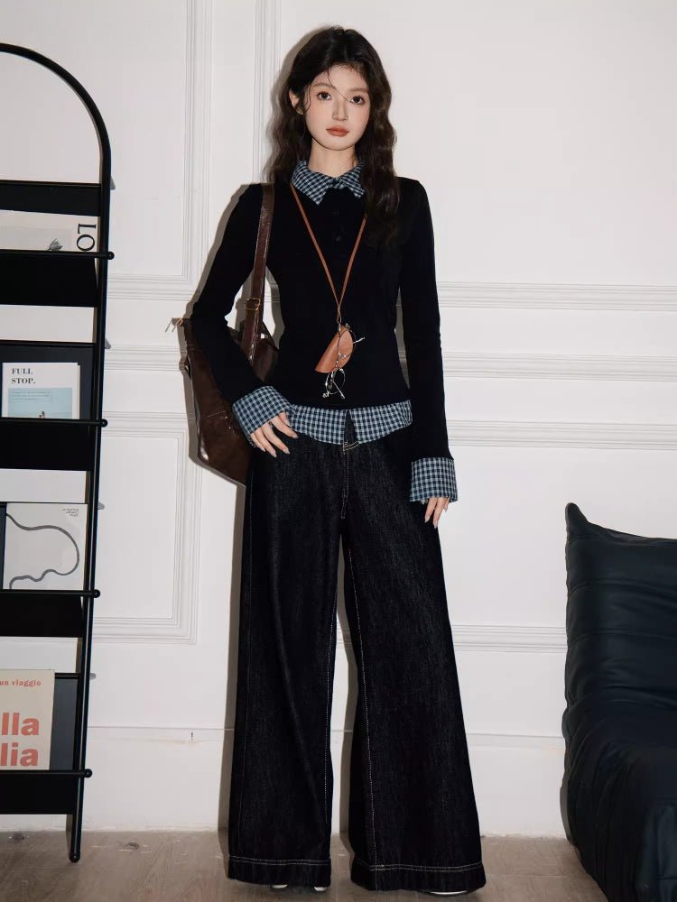 Plaid Collared Layered Look Long Sleeve Top Black - WEUXS