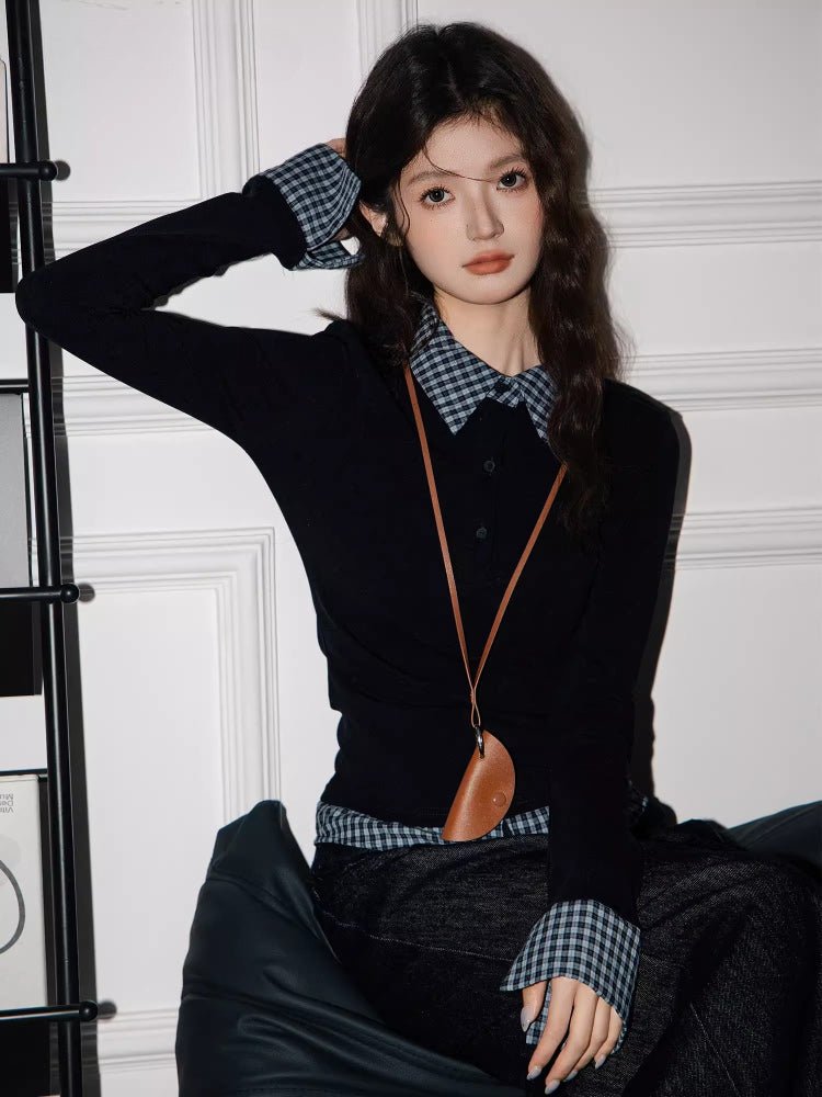 Plaid Collared Layered Look Long Sleeve Top Black - WEUXS