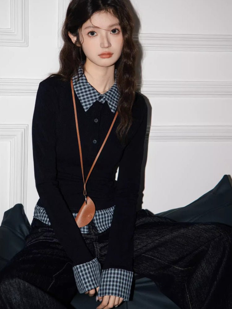 Plaid Collared Layered Look Long Sleeve Top Black - WEUXS