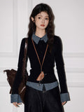 Plaid Collared Layered Look Long Sleeve Top Black - WEUXS
