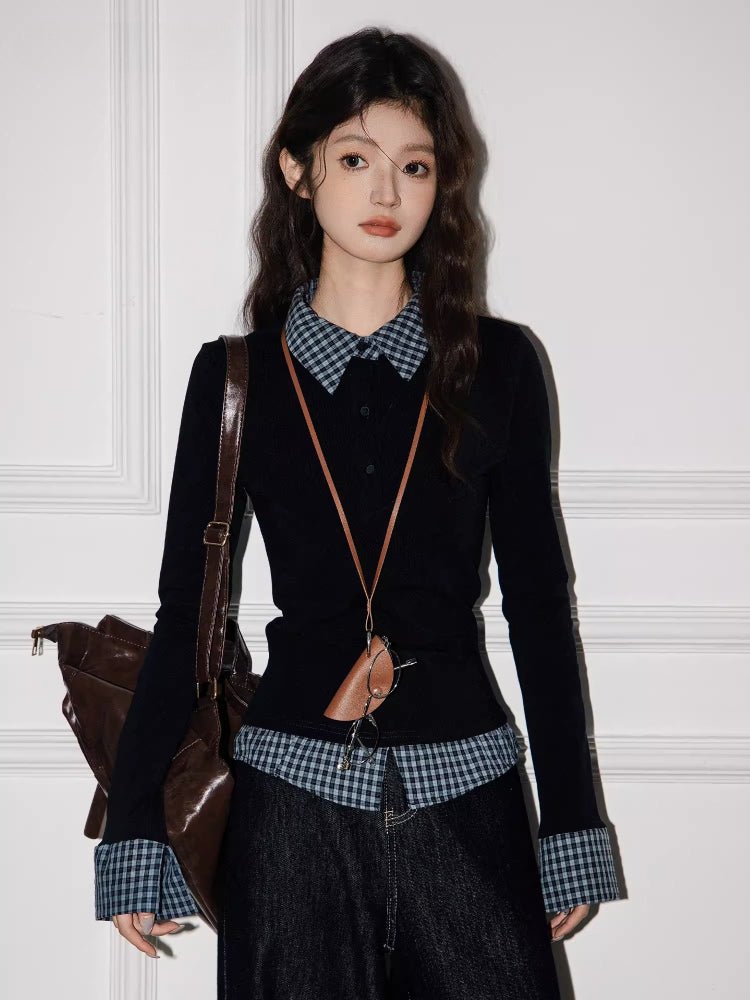 Plaid Collared Layered Look Long Sleeve Top Black - WEUXS