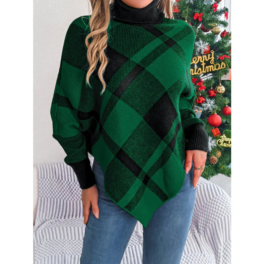 Tartan Plaid Turtleneck Poncho Sweater - View 6 | WEUXS