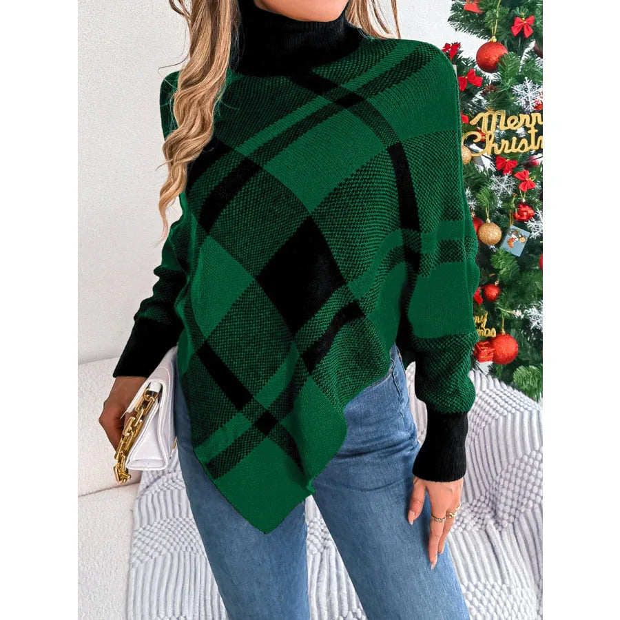 Tartan Plaid Turtleneck Poncho Sweater - View 8 | WEUXS