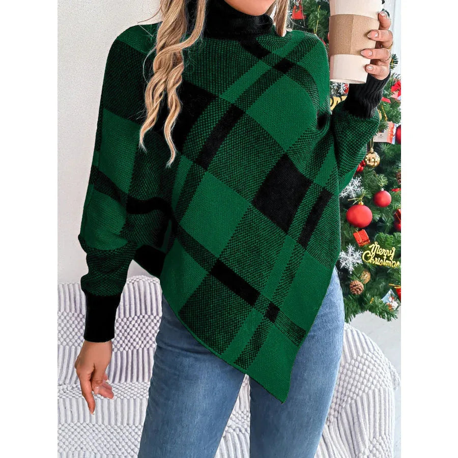 Tartan Plaid Turtleneck Poncho Sweater - View 7 | WEUXS