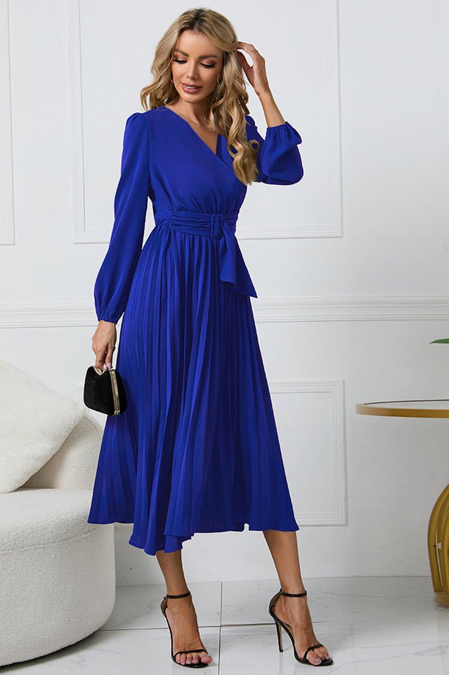 Pleated Belt V - Neck Dress - WEUXS