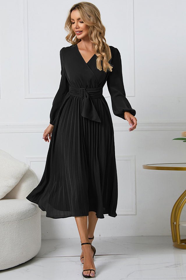 Pleated Belt V - Neck Dress - WEUXS