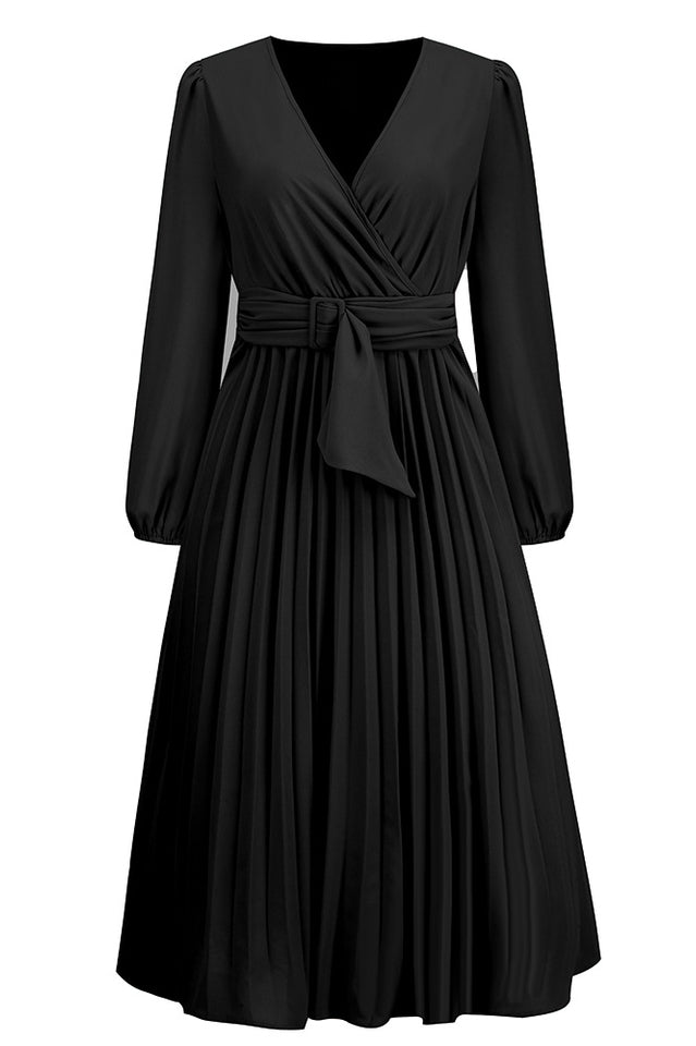 Pleated Belt V - Neck Dress - WEUXS