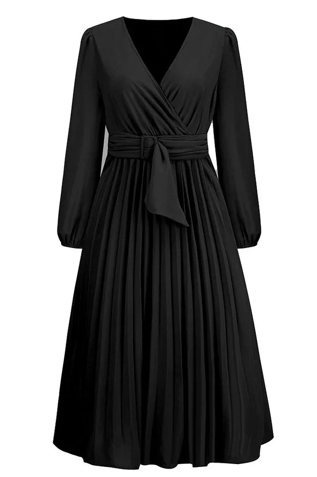 Pleated Belt V-Neck Dress - WEUXS