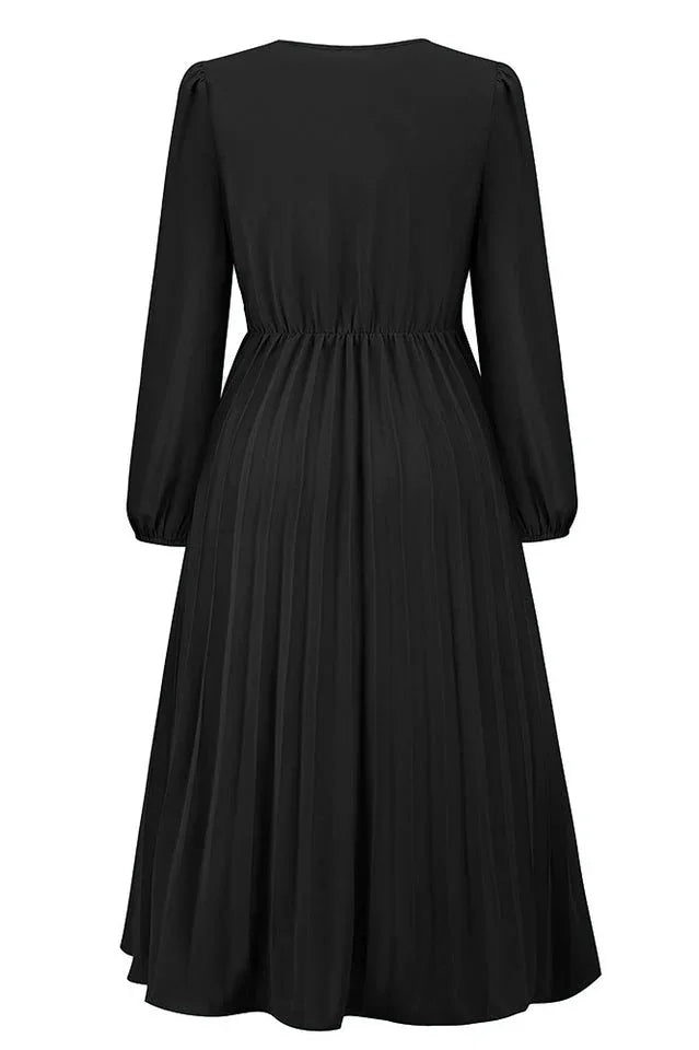 Pleated Belt V-Neck Dress - WEUXS