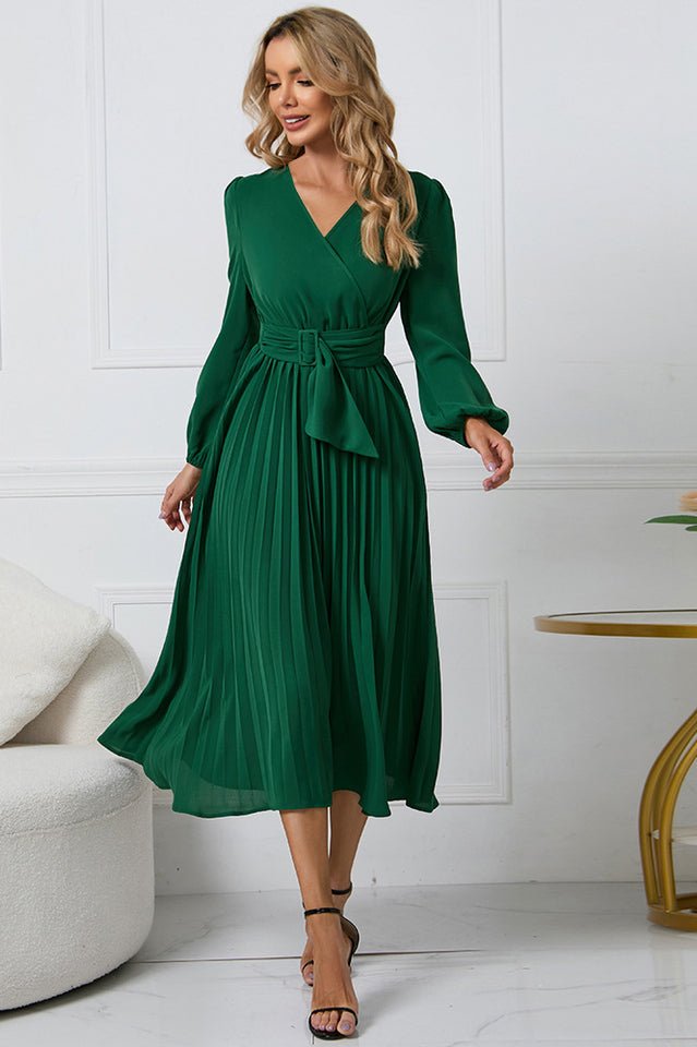 Pleated Belt V - Neck Dress - WEUXS