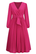 Pleated Belt V - Neck Dress - WEUXS