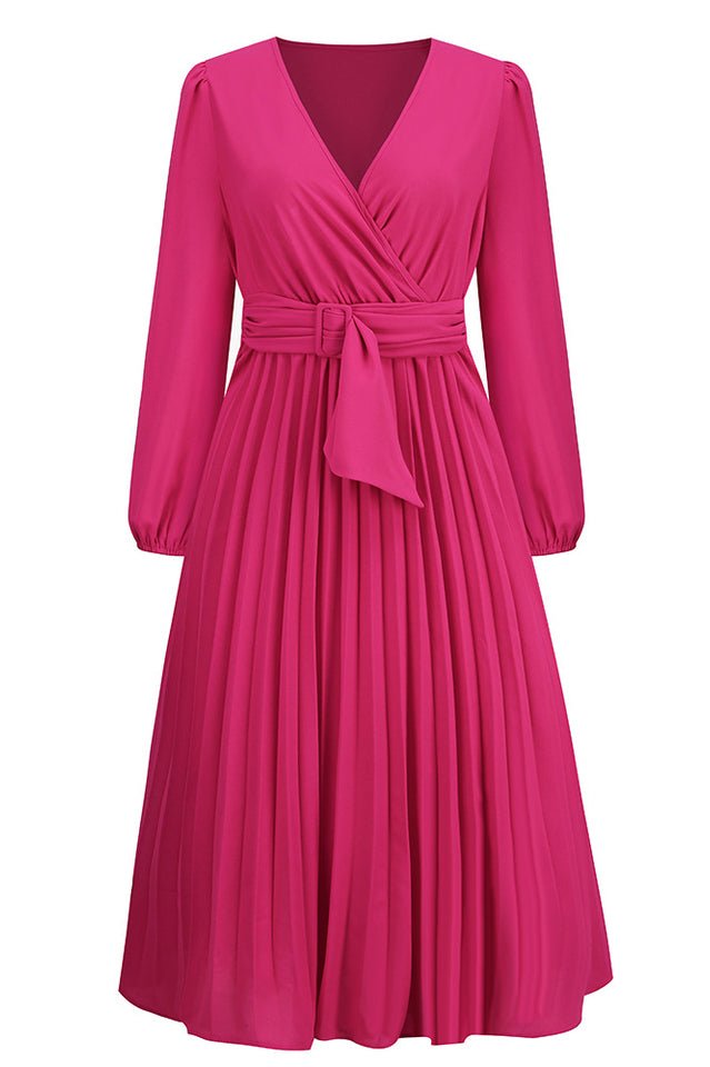 Pleated Belt V - Neck Dress - WEUXS