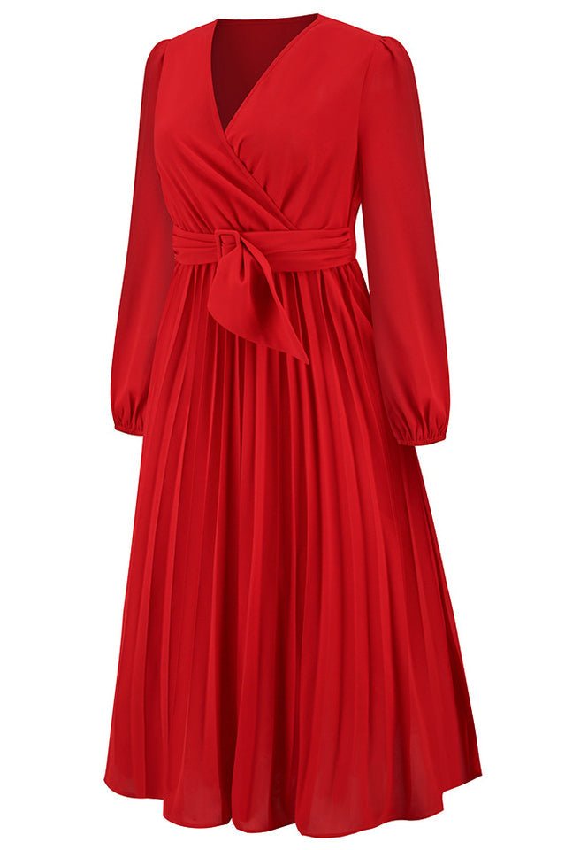 Pleated Belt V - Neck Dress - WEUXS