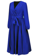 Pleated Belt V - Neck Dress - WEUXS