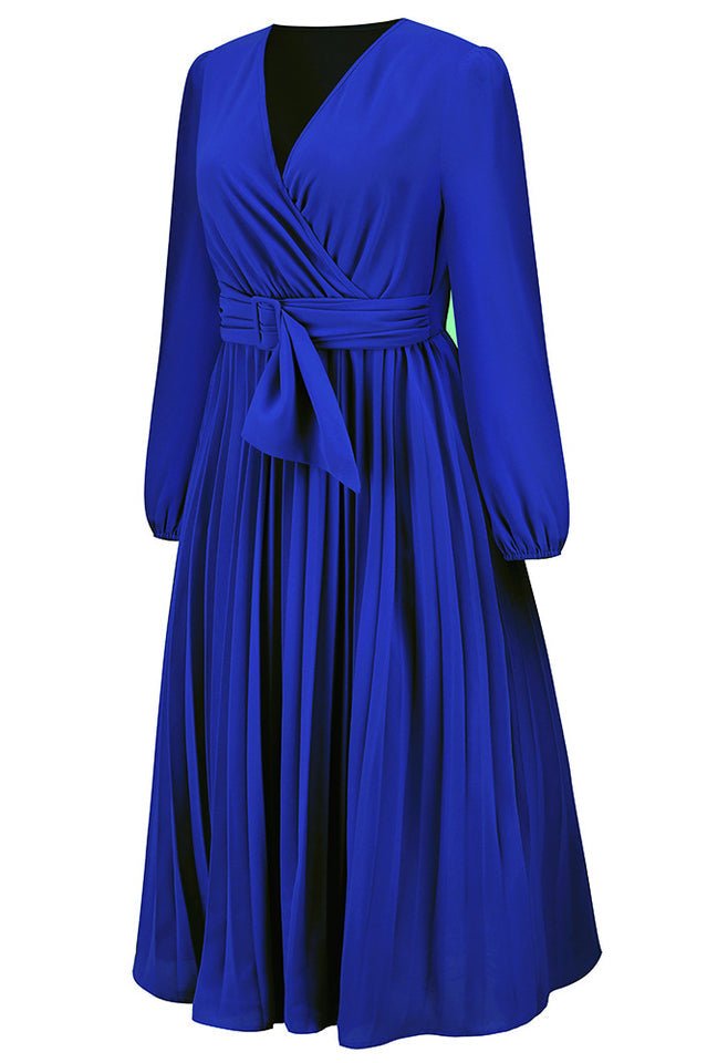 Pleated Belt V - Neck Dress - WEUXS