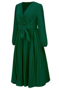 Pleated Belt V - Neck Dress - WEUXS