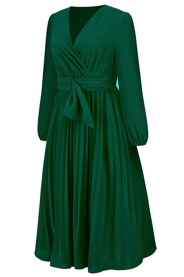 Pleated Belt V - Neck Dress - WEUXS