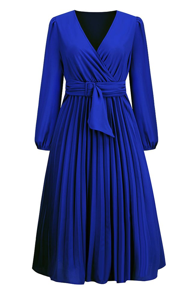 Pleated Belt V - Neck Dress - WEUXS