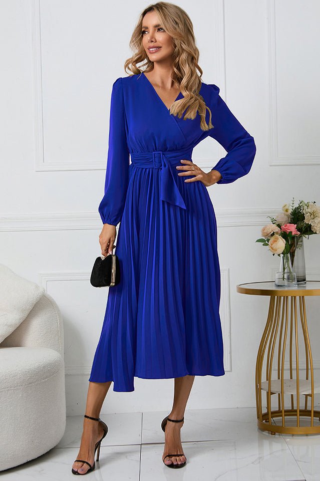 Pleated Belt V - Neck Dress - WEUXS